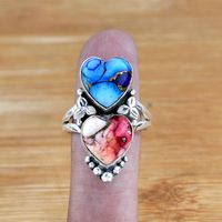 Rouge Turquoise Dahlia Rose Bague En Argent Sterling Double Coeur Filigrane Déclaration Anneau À La Main Bijoux Cadeau