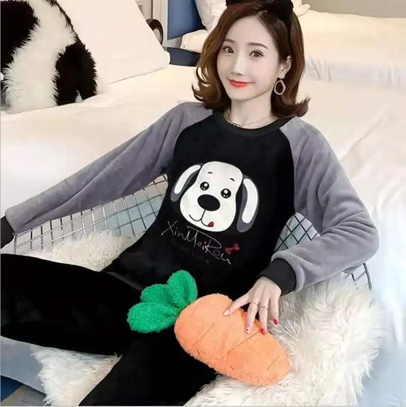 Piyama Baju Tidur Wanita Flanel Musim Dingin Set Piyama Motif Kartun Pullover Piyama Bulu Karang Set Mujer Rumah Lounge