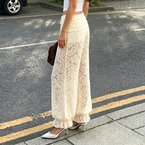 Elegant Breathable Lace Cutout Solid Color Knit Trousers Low Waist Summer <b>Ankle</b> Elastic Cuff for Women - Product Image 4