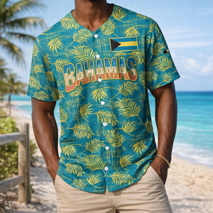 Maillot de baseball des Bahamas avec motif tropical coucher de soleil, palmiers et océan – Vente en gros de maillots de baseball des Bahamas de haute qualité - Product Image 1