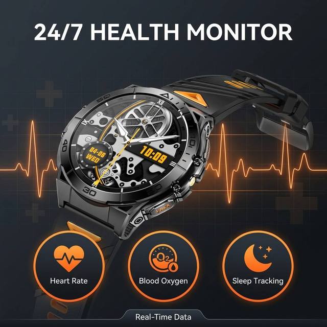 Heavy-duty tactical rugged outdoor Smart Watch 1.6" AMOLED 600mAh Battery 100+ Sports Modes 3ATM K71 Fitness Tracker