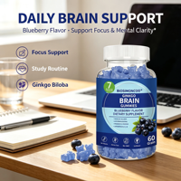 Gummies pour le cerveau au Ginkgo avec Ashwagandha, Rhodiola Rosea, Vitamines B, C, D, saveur myrtille, complément alimentaire, 60 unités, sans OGM
