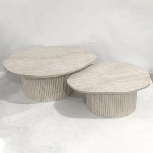 Set di 2 Tavolini da Caffè Moderni Japandi con Base Scanalata Effetto <span class=keywords><strong>Travertino</strong></span>, Arredamento per Soggiorno, Prezzo Diretto di Fabbrica - Product Image 2
