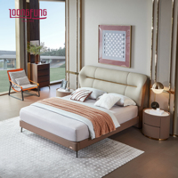 Lit plateforme LOONGFUNG Urban Living en cuir véritable avec sommier à lattes en pin gainé de bois, style luxe léger, meubles de chambre à coucher