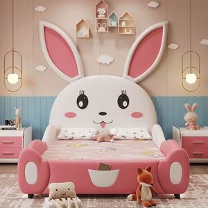 เตียงนอนเด็กหญิงรุ่น Princess Rabbit Slide ปี 2025 ดีไซน์หรูหรา โครงไม้เนื้อแข็ง หุ้มผ้าฝ้าย ลายน่ารักสไตล์การ์ตูน สำหรับห้องเด็กผู้หญิง - Product Image 1