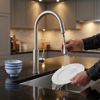 Robinet de cuisine moderne en nickel brossé avec douchette extractible, rotation à 360 degrés, mitigeur monocommande à poser sur évier