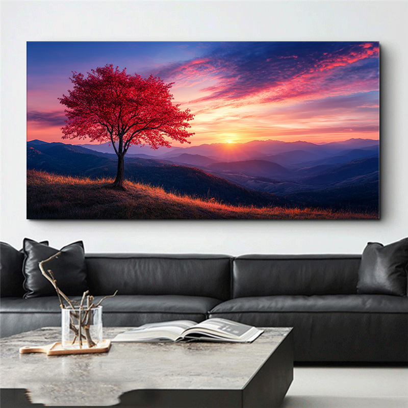 1pc Canvas Printed Stretch Frame Breathtaking Red Tree Sunset Canvas Wall Art Landscape Print Wall Art for Home Decoration