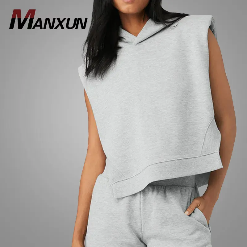 Bán Buôn Side Slit Dưới Cắt Hoodies Không Tay Vai Pad Phụ Nữ Giản Dị Hoodies Trùm Mũ Trùm Gân Còng Áo Cho Phụ Nữ