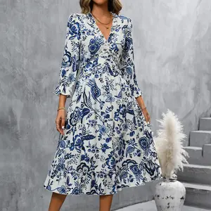 PRETTY STEPS 2024 autumn foreign trade temperament casual print V-neck cropped sleeve dress