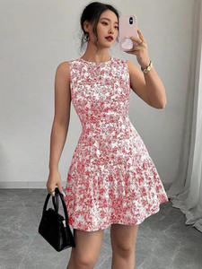 Vestido Mini Plisado Transpirable con Cintura Natural y Corte Ajustado sin Mangas con Estampado Floral para Mujer, Colección Otoño 2026 - Product Image 3