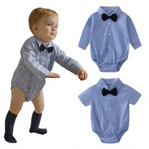 Combinaison unisexe formelle à manches courtes rayée respirante en polyester/coton avec col bleu boutonné pour nouveau-né, nourrisson et tout-petit - Product Image 3