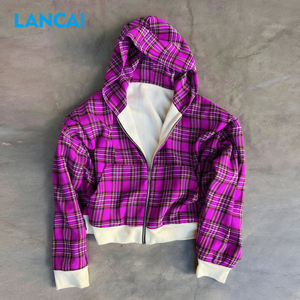 Lancai Hoodie Manufacture Custom 100% Cotton Color Block Embroidery Logo Streetwear Plaid Flannel Patchwork Spliced Heavyweight - Product Image 1