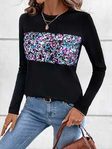 T-shirt a maniche lunghe con colori Slim personalizzati di alta qualità da donna Vintage personalizzato <span class=keywords><strong>top</strong></span> con <span class=keywords><strong>paillettes</strong></span> colorate a manica lunga - Product Image 6