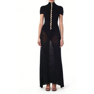 Vestido Maxi de <span class=keywords><strong>Mujer</strong></span> con Cuello Alto y Detalle de Botones, Vestido Fluido Transparente, Vestidos de <span class=keywords><strong>Mujer</strong></span>, Moda Sehe - Product Image 3