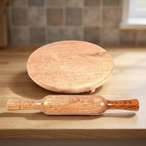 Juego de Chakla y Belan de Madera de Mango Pulida, Tabla de Amasar Antiadherente, Hecha a Mano, Ecológica, Utensilio de Cocina, Juego de Bases para Repostería - Product Image 1