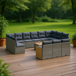 Conjunto de Sofás de Jardín de Ratán Gris, Más de 10 Plazas, Muebles de Exterior Resistentes a la Intemperie, Diseño Contemporáneo, Estructura de Madera de Teca - Product Image 2