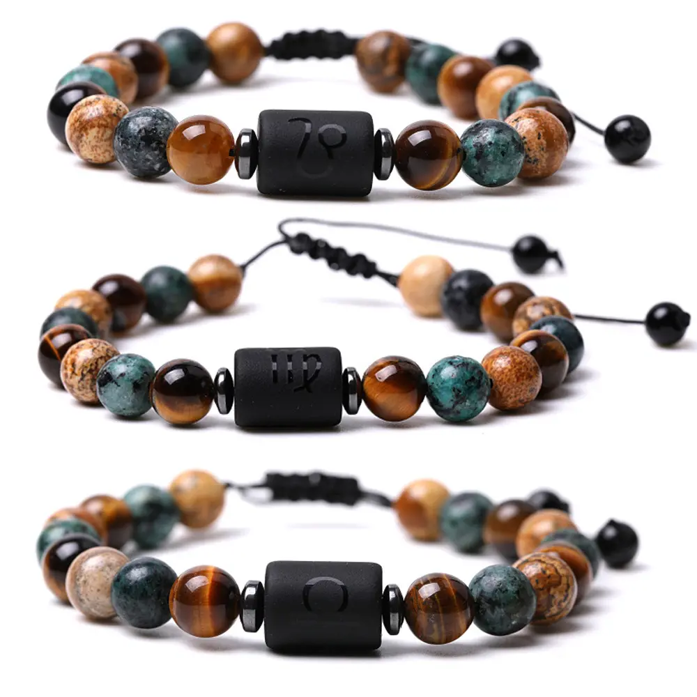 12 Astrologie Sternzeichen 8mm Naturstein Perlen Energie Armband Heilung Hämatit Tigerauge Afrikanisches Türkis Bild Jaspis Armband