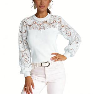 Women's Elegant Lace <b>Patchwork</b> Lantern Sleeve Knit Top Fitted Crew Neck Blouse for Office <b>Shirt</b> Fashion - Product Image 4