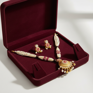 Ensemble de collier élégant en argent perlé avec perles roses et blanches, pendentif traditionnel en or antique et boucles d'oreilles assorties - Product Image 4