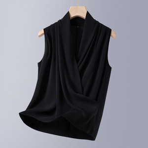 White V Neck Sleeveless Vest For Women Flax Fabric Crossbody Design Four Seasons Wear - Product Image 2
