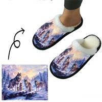 Chaussons d'hiver en peluche pour la maison, motif loup de montagne enneigée, semelle souple en TPR antidérapante, thermiques et épais, pour homme et femme, style décontracté classique