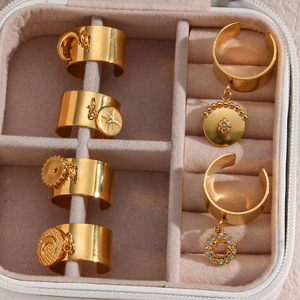 Anelli Aperti con Ciondolo a Goccia, Luna e Aeroplano in Acciaio Inossidabile Placcato Oro 18K, Stile Trendy all'Ingrosso - Product Image 5
