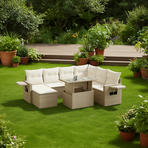 Ensemble de canapés de jardin en polyrotin beige avec accoudoirs réglables, 6 places, mobilier d'extérieur, design contemporain - Product Image 2