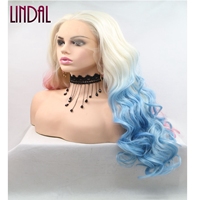 Perruque Synthétique Cosplay Blonde Moitié Bleue Moitié Rose Synthétique Lace Front en Fibre Résistante à la Chaleur Body Wave Drag Queen Maquillage Halloween Party