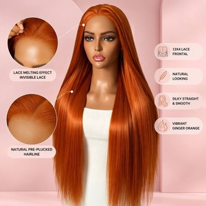 Perruque synthétique longue et droite 13x4 Lace Front pour femme, sans colle, avec dentelle transparente, pour usage quotidien, couleur Rouge Cuivré, Ginger <span class=keywords><strong>Orange</strong></span> - Product Image 1