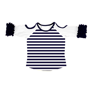 T-shirt Raglan à Volants et Épaules Dénudées en Soie de Lait pour Filles, Manches 3/4, T-shirt Rayé Décontracté pour Enfants - Product Image 2