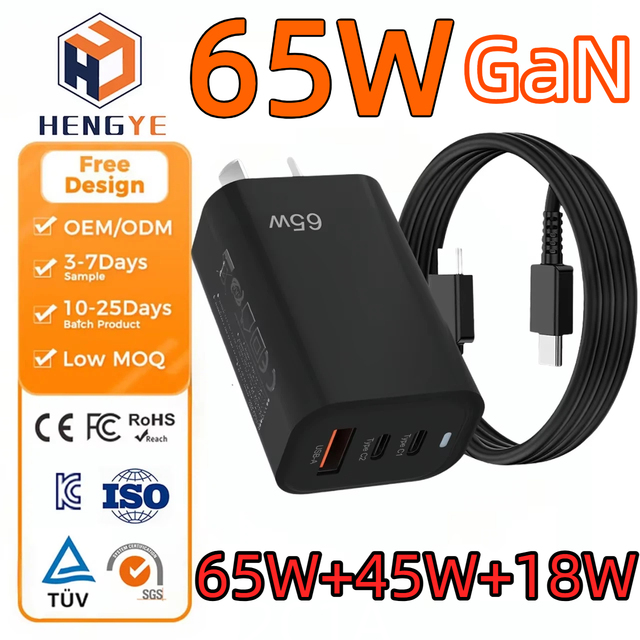 GaN Tech 3Ports Usb Fast Charger Station Portable Multi-device Charging Usb c Pd Slim Charger 65w Usbc Laptop Charger