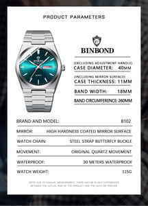 Montre à quartz pour homme BINBOND B102, design élégant et de haute qualité, best-seller, personnalisable, bracelet en acier inoxydable. - Product Image 3