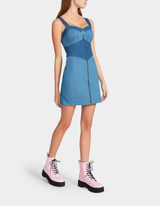 Moda verano fuera del hombro empalme Patchwork <span class=keywords><strong>costura</strong></span> lavado Casual Midi largo Denim Jeans vestido de mujer - Product Image 4