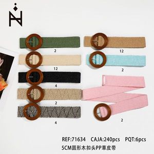 Cintura in tessuto con fibbia rotonda in legno da 5 cm e dettagli in PP, accessorio moda da donna - Product Image 3