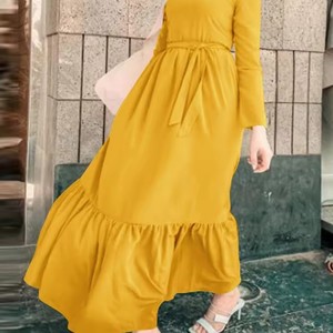 Vestidos largos vintage personalizados para mujer plisados empalmados con cinturón suelto manga larga casual señoras Maxi vestido - Product Image 5