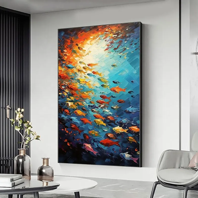 Pintura al óleo pintada a mano pura decoración de la sala de estar pintura de arte de pared de peces sobre lienzo