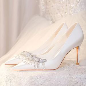Wedding Bride Shoes Size 33-42 Elegant Silk White Pearl BOw <b>Pointed</b> <b>Toe</b> Pumps Sexy 2025 Trendy Women's Heels - Product Image 2