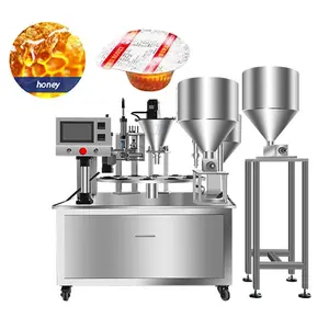 Dubbele Kop Blanking Automatische Roterende Pasta Honing Ijs Yoghurt Jam Cup Vulling Afdichting Verpakkingsmachine