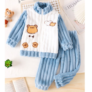 Ensemble de vêtements d'intérieur chauds pour enfants en flanelle épaisse à fermeture éclair et pantalon, motif dessin animé, pour l'automne et l'hiver - Product Image 1