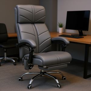 Silla Ejecutiva de Oficina en Cuero PU Gris, Reclinable, Altura Ajustable, Base Metálica, Patas Cromadas - Product Image 2