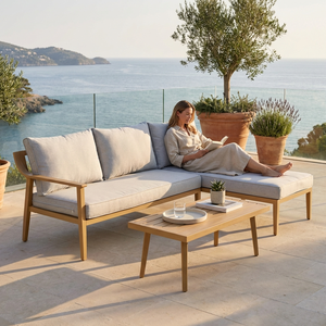 Ensemble <span class=keywords><strong>de</strong></span> canapés d'extérieur en <span class=keywords><strong>aluminium</strong></span> finition teck, mobilier <span class=keywords><strong>de</strong></span> <span class=keywords><strong>salon</strong></span> sectionnel moderne en forme <span class=keywords><strong>de</strong></span> L avec table basse pour villa et parc - Product Image 2