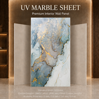 Plaque de marbre PVC MORLENX 4x8 pieds bleu clair et or, revêtement UV, imperméable, haute brillance pour la décoration murale de salle de bain et de cuisine