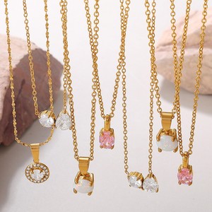 Colorful Zircon <b>Opal</b> Pendant <b>Necklace</b>, Anti-Tarnish Stainless Steel Dainty Rhinestone Clavicle Chain For Women - Product Image 1