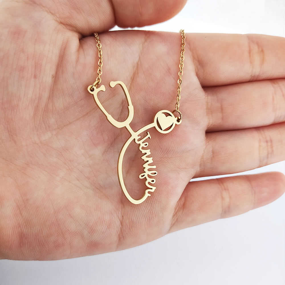 Collana Stetoscopio Vnox Con CZ - Acciaio Inossidabile, Pendente Oro, 50cm - Foto 3