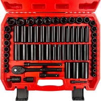 Jeu de douilles à chocs 64 pièces 3/8" SAE/Métrique en acier Cr-V, douilles profondes et peu profondes finition huilée, adaptateurs 6 points, poignée à cliquet 72T