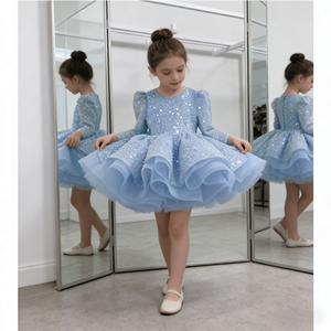 Abito da festa per bambina azzurro cielo con maniche a sbuffo, <span class=keywords><strong>paillettes</strong></span> scintillanti e volant in tulle, abito da damigella d'onore per matrimonio - Product Image 3