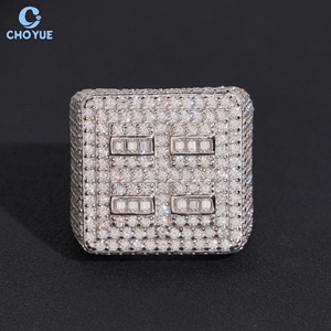 Anillo de Cóctel Geométrico para Hombre, Joyería Fina, Plata 925, Baño de Rodio, Moissanita, Corte Baguette, Engaste Pavé, Estilo Hiphop - Product Image 1