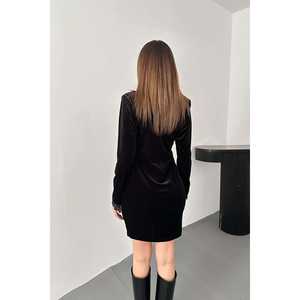 Vestido de Noche Negro Mini al por Mayor con Elegante Cuello y Mangas de Encaje - Product Image 1