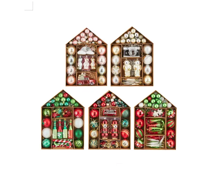 Neues Design Handgemalte Navidad Productos Novedosos 70Pcs PS Weihnachts ball Haus Set Box für Weihnachts baum dekoration