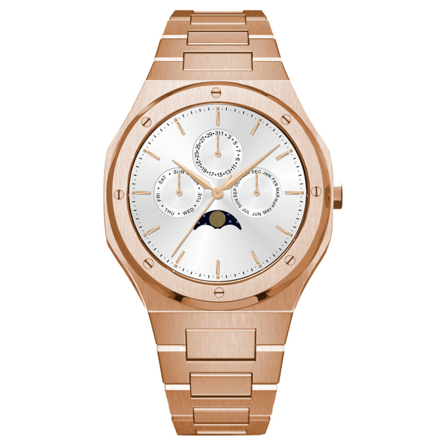 Fashion Design Moon Phase 5 Atm Water Resistant Stainless Steel Watch Japan Movt Bell and Rose Quartz Watches